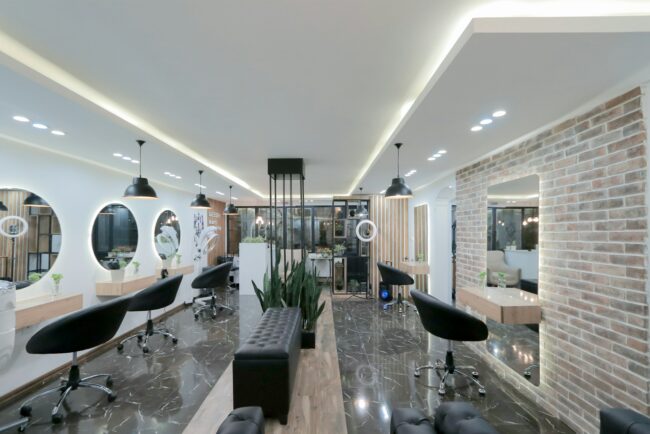 Modern luxury salon interior with styling stations